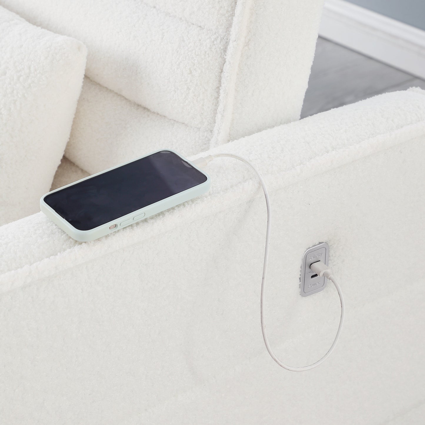 Canapé-lit convertible beige 55.12 en bouclette, avec dossier réglable et 2 coussins lombaires pour le salon.