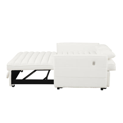 Canapé-lit convertible beige 55.12 en bouclette, avec dossier réglable et 2 coussins lombaires pour le salon.