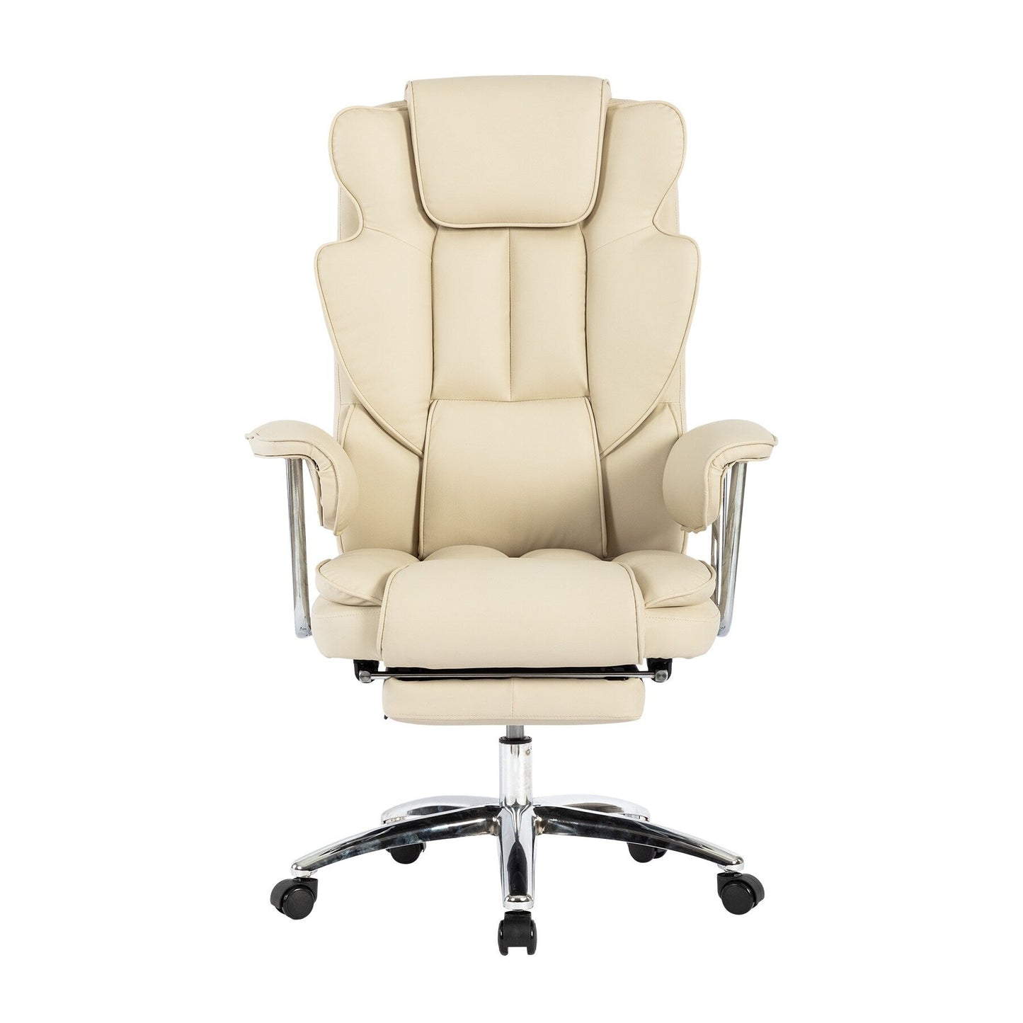 Fauteuil de bureau inclinable ergonomique à dossier haut, pivotant à 360°, en simili cuir beige, avec support lombaire, repose-pieds et hauteur réglable.
