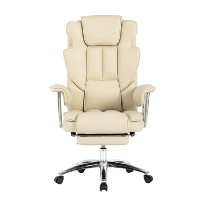 Fauteuil de bureau inclinable ergonomique à dossier haut, pivotant à 360°, en simili cuir beige, avec support lombaire, repose-pieds et hauteur réglable.