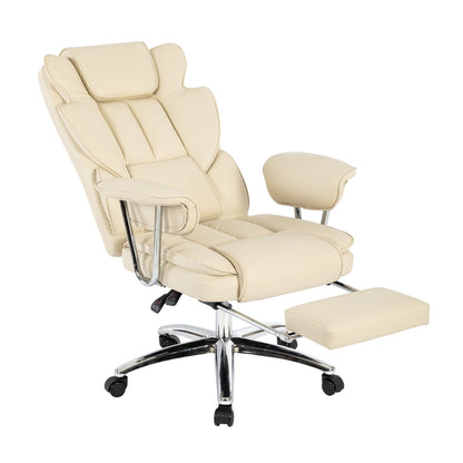 Fauteuil de bureau inclinable ergonomique à dossier haut, pivotant à 360°, en simili cuir beige, avec support lombaire, repose-pieds et hauteur réglable.