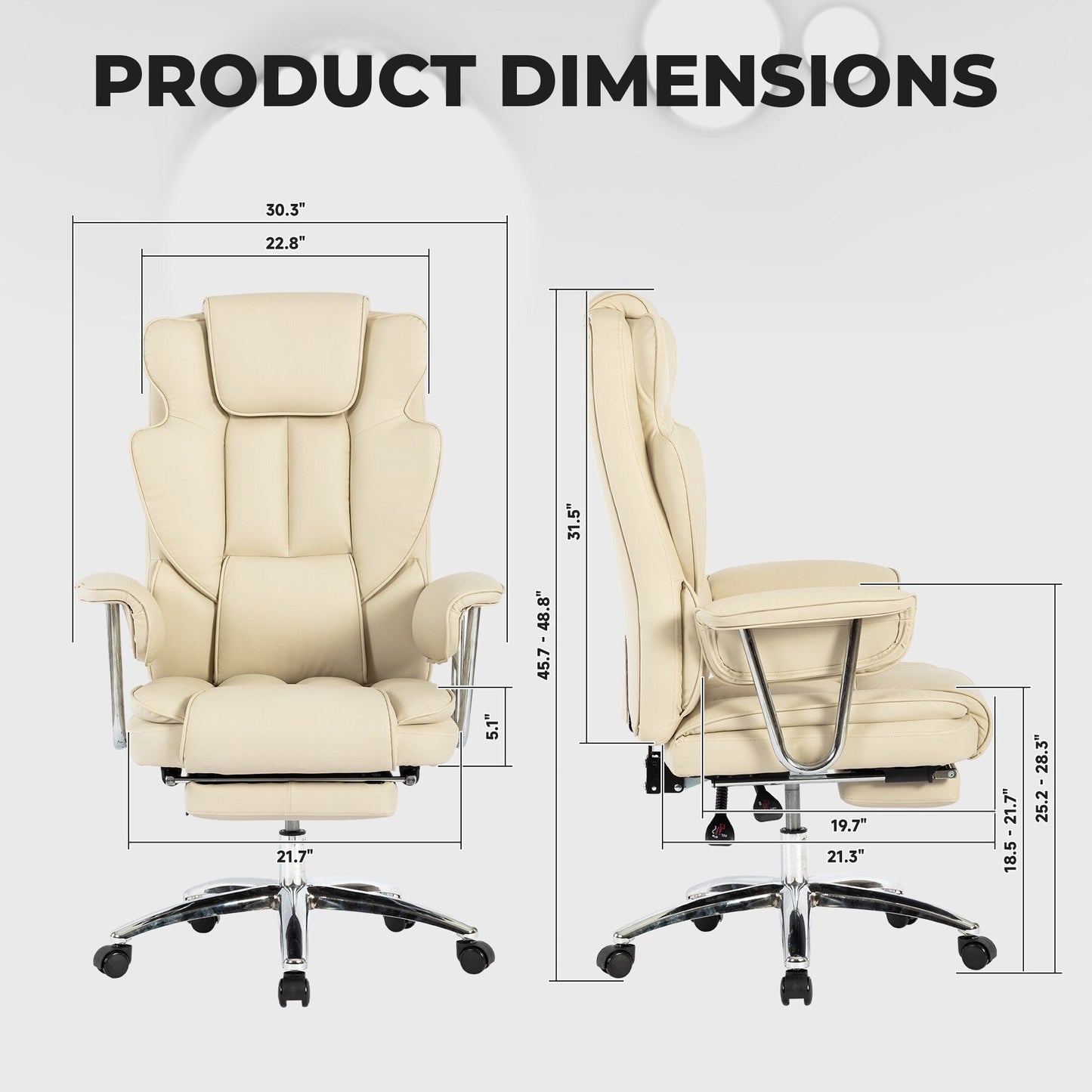 Fauteuil de bureau inclinable ergonomique à dossier haut, pivotant à 360°, en simili cuir beige, avec support lombaire, repose-pieds et hauteur réglable.