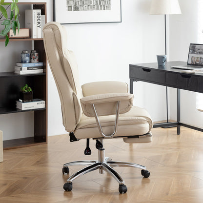 Fauteuil de bureau inclinable ergonomique à dossier haut, pivotant à 360°, en simili cuir beige, avec support lombaire, repose-pieds et hauteur réglable.