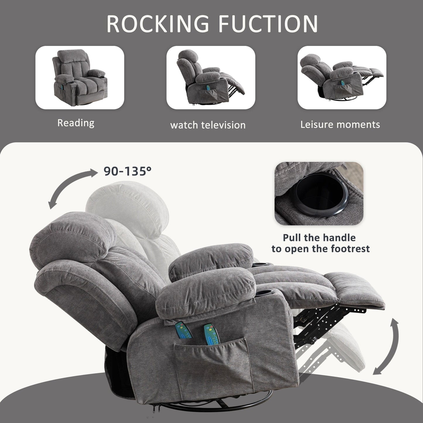 Fauteuil pivotant inclinable beige avec massage, chauffage et recharge USB