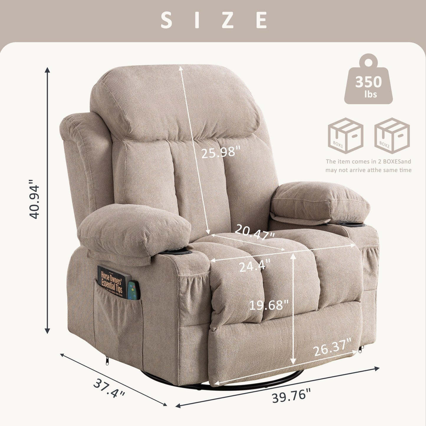 Fauteuil pivotant inclinable beige avec massage, chauffage et recharge USB