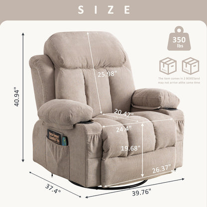 Fauteuil pivotant inclinable beige avec massage, chauffage et recharge USB