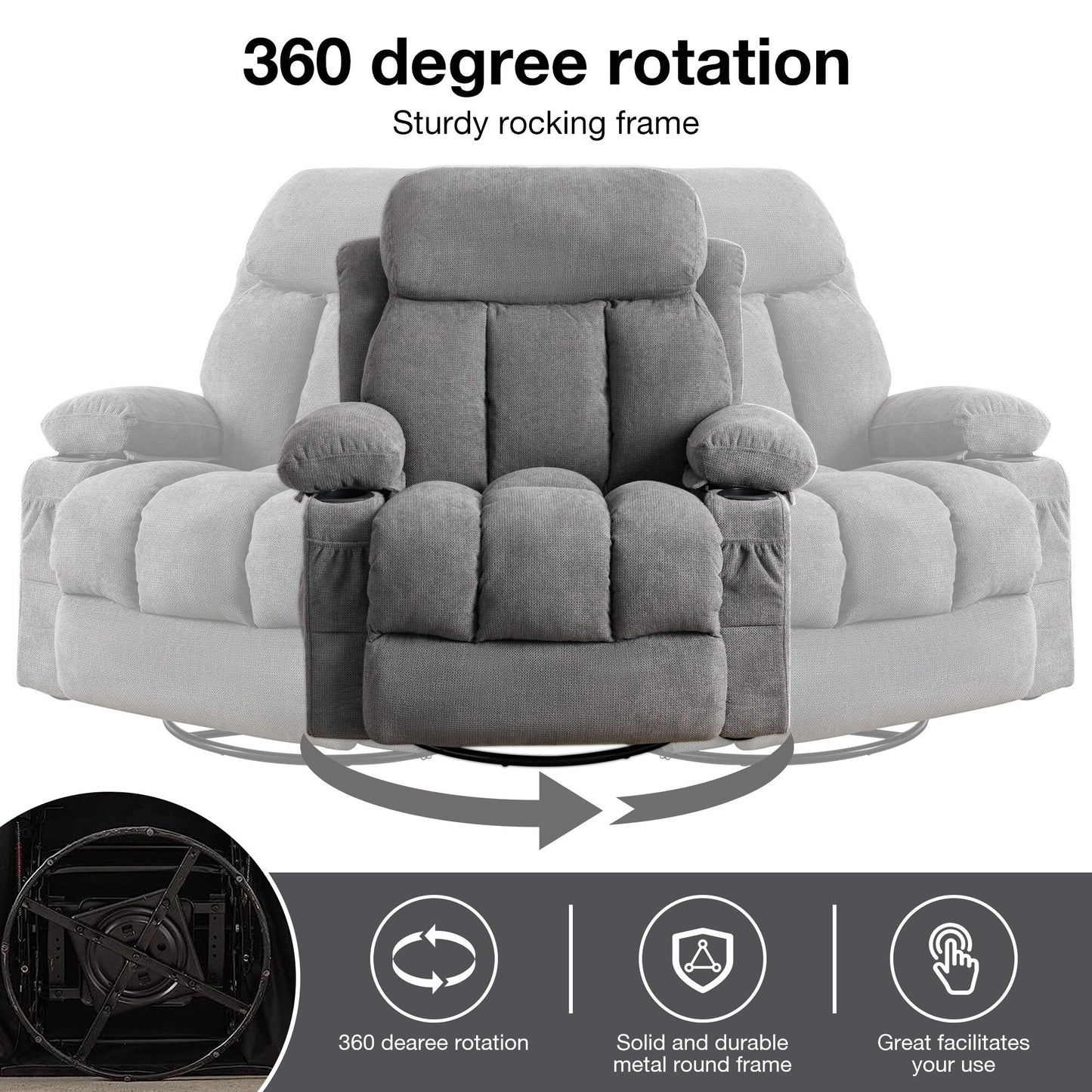 Fauteuil pivotant inclinable beige avec massage, chauffage et recharge USB