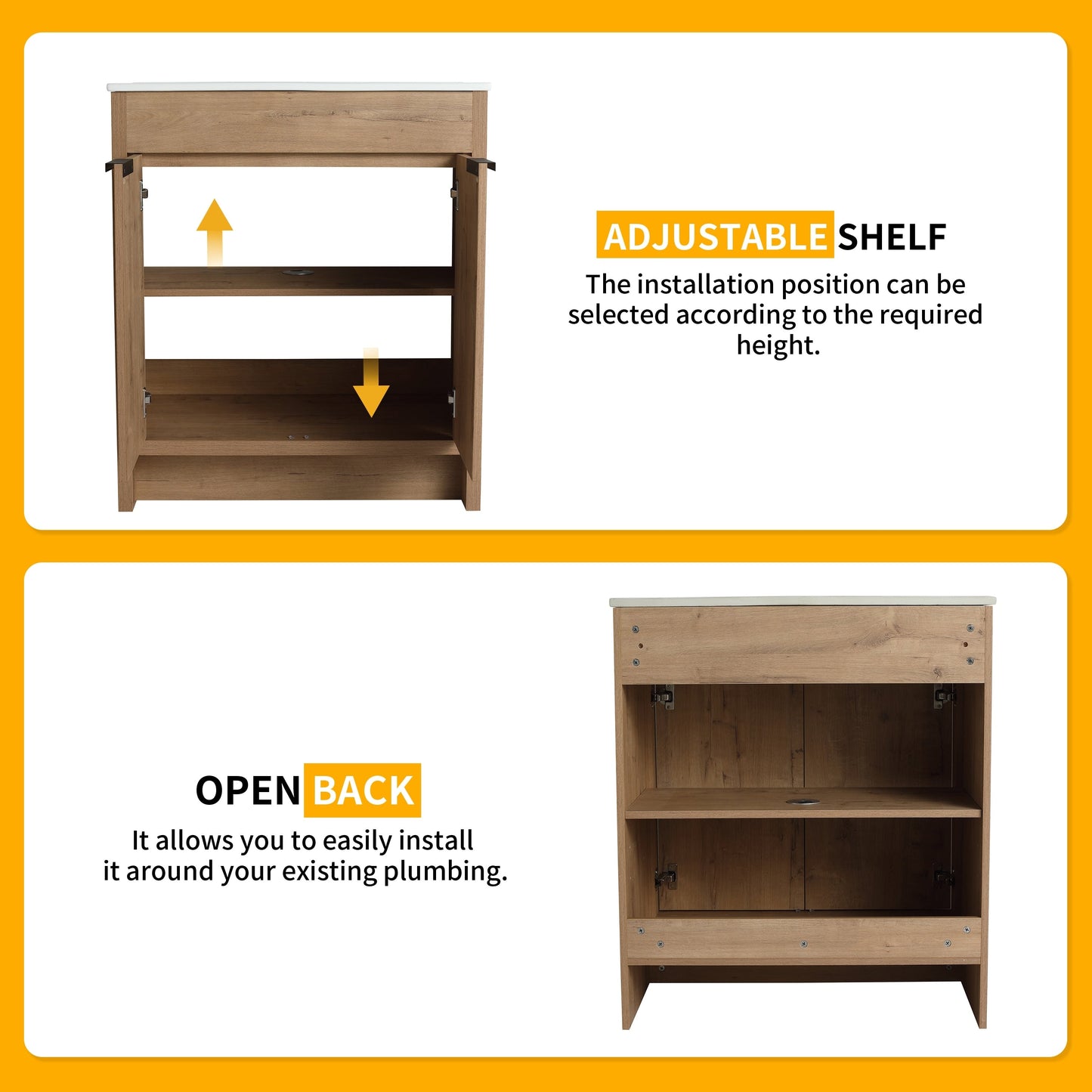 Meuble-lavabo de salle de bain Beingnext 24/30/36 avec lavabo, meuble-lavabo de salle de bain autoportant avec porte à fermeture amortie et étagère réglable