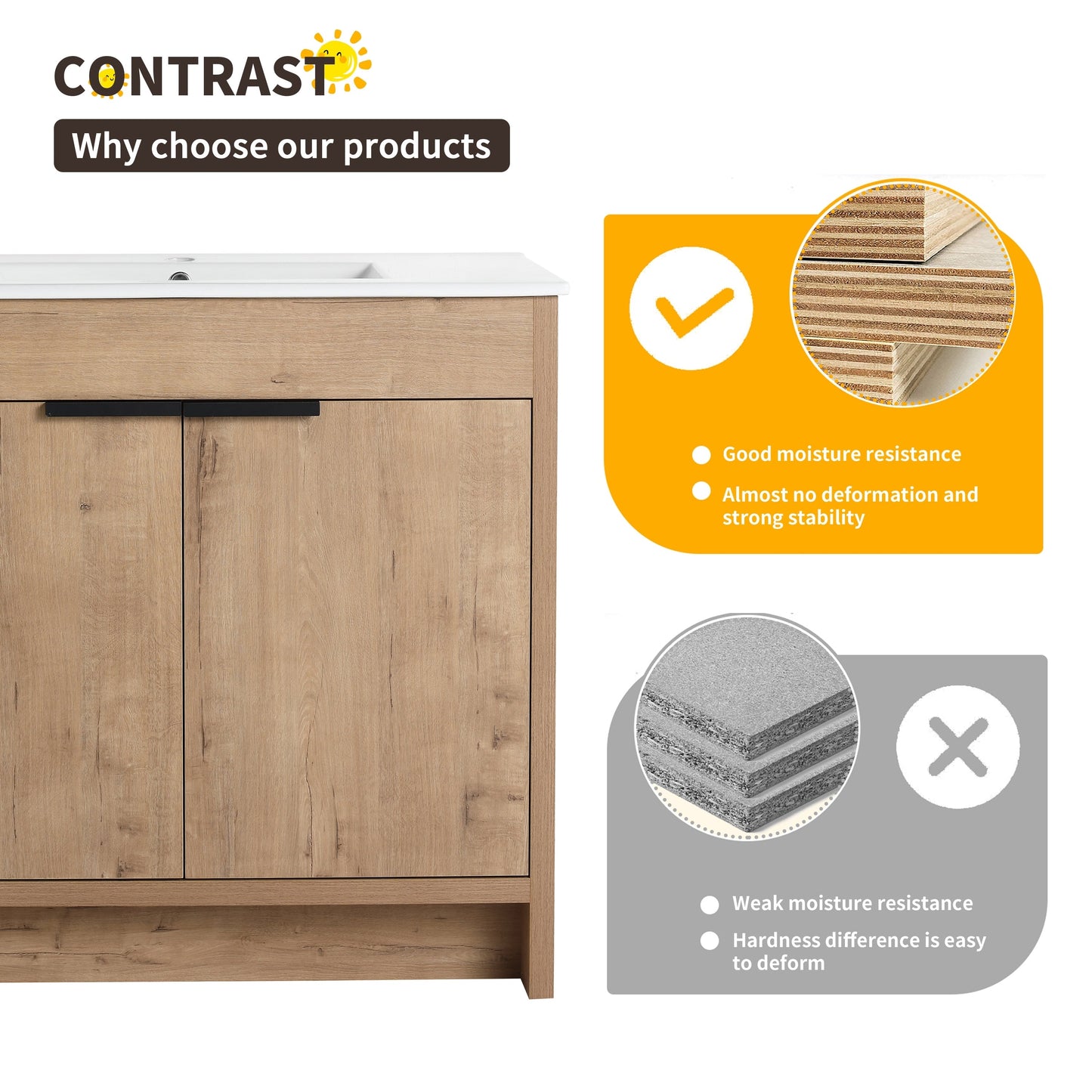 Meuble-lavabo de salle de bain Beingnext 24/30/36 avec lavabo, meuble-lavabo de salle de bain autoportant avec porte à fermeture amortie et étagère réglable