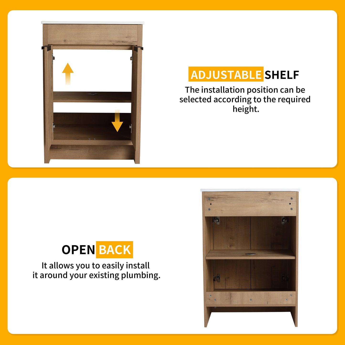 Meuble-lavabo de salle de bain Beingnext 24/30/36 avec lavabo, meuble-lavabo de salle de bain autoportant avec porte à fermeture amortie et étagère réglable