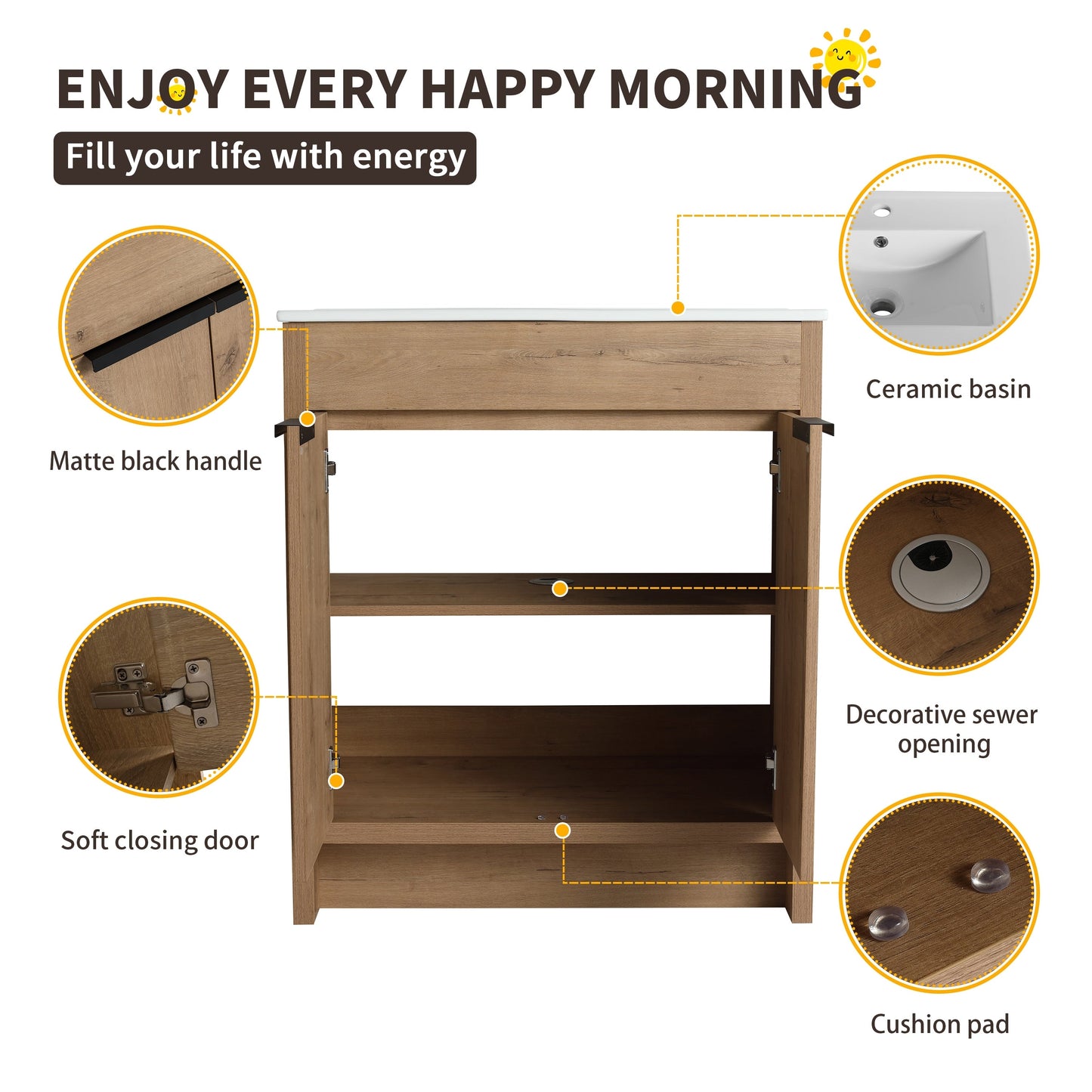 Meuble-lavabo de salle de bain Beingnext 24/30/36 avec lavabo, meuble-lavabo de salle de bain autoportant avec porte à fermeture amortie et étagère réglable