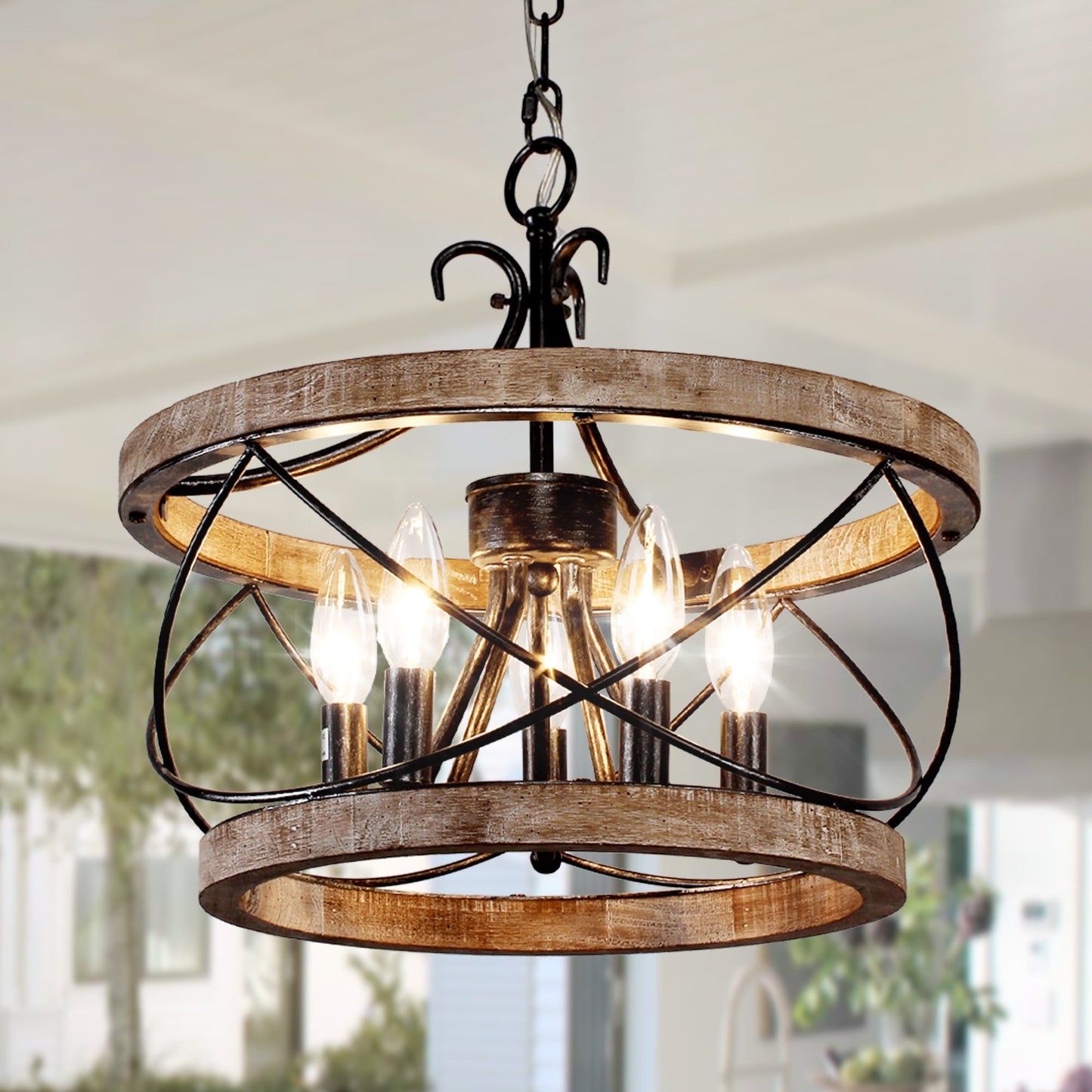 Bella Depot Lustre en bois rustique à 5 lumières, éclairage à intensité variable, luminaire suspendu de style farmhouse réglable de 15,7 pouces pour îlot de cuisine