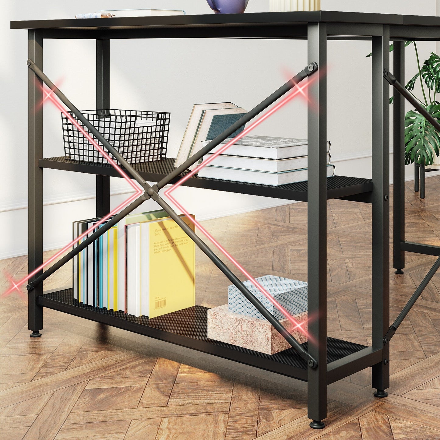 Bureau en forme de L avec étagères de rangement, bureau d'ordinateur d'angle.