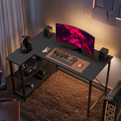 Bureau en forme de L avec étagères de rangement, bureau d'ordinateur d'angle.