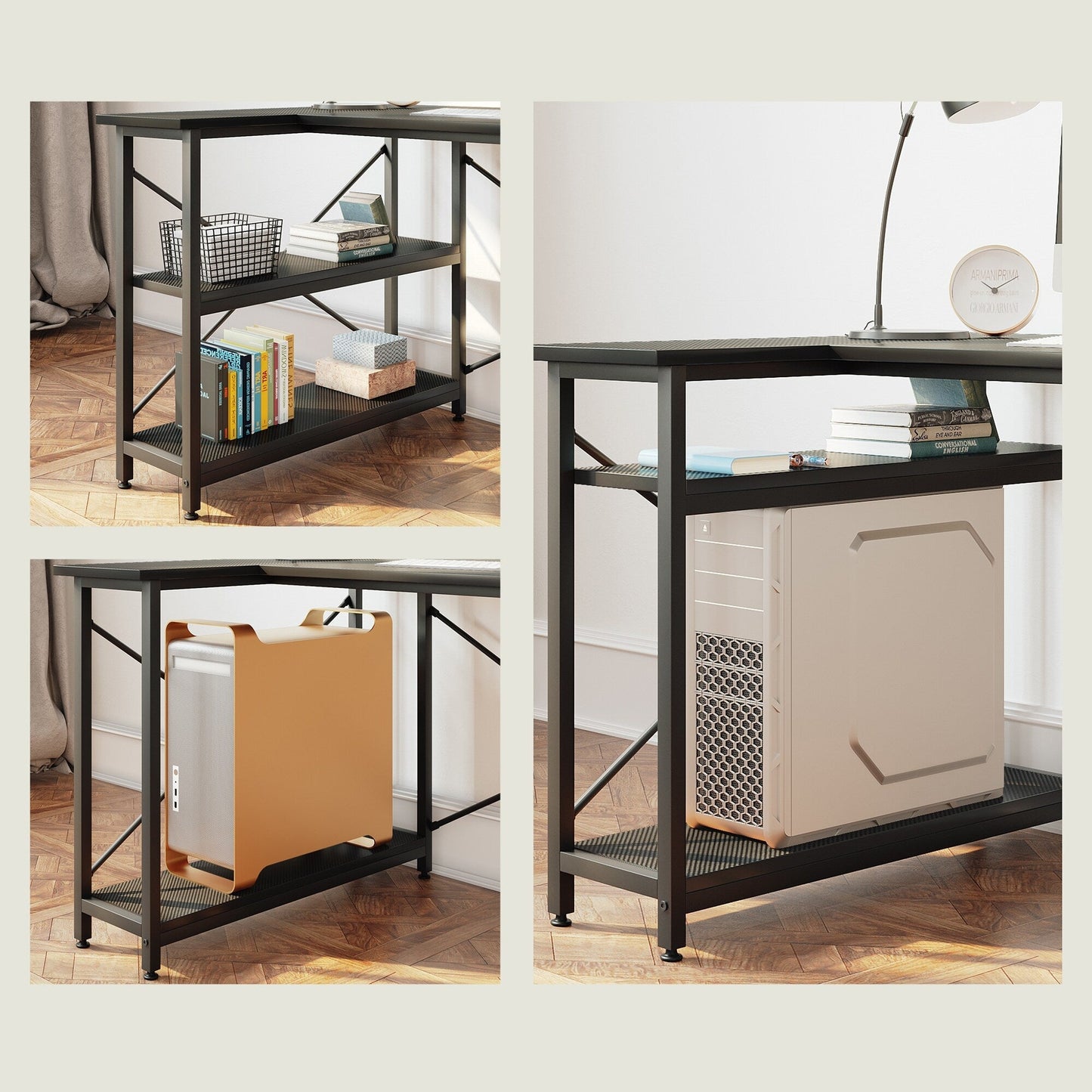 Bureau en forme de L avec étagères de rangement, bureau d'ordinateur d'angle.