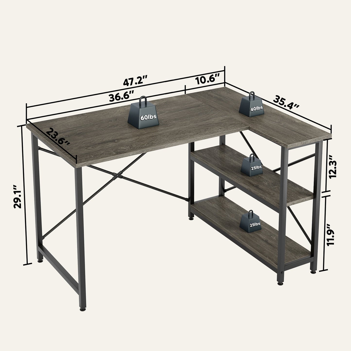 Bureau en forme de L avec étagères de rangement, bureau d'ordinateur d'angle.