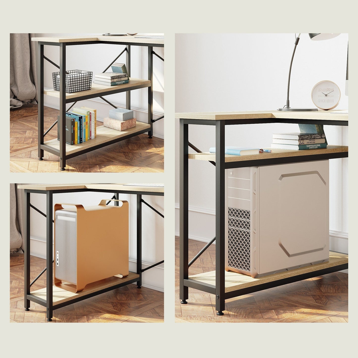 Bureau en forme de L avec étagères de rangement, bureau d'ordinateur d'angle.