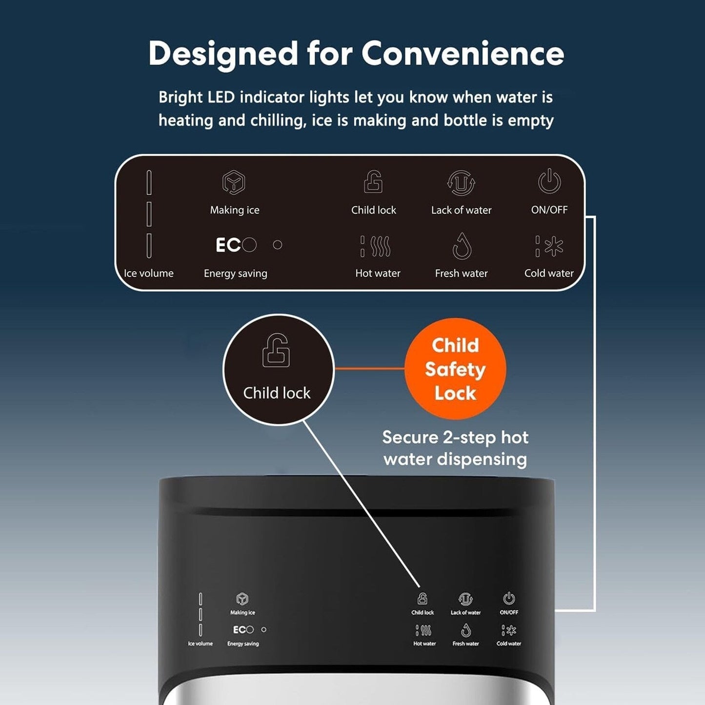 Distributeurs d'eau chaudes et froides 3 en 1 noirs avec machine à glaçons
