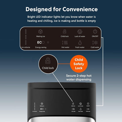 Distributeurs d'eau chaudes et froides 3 en 1 noirs avec machine à glaçons