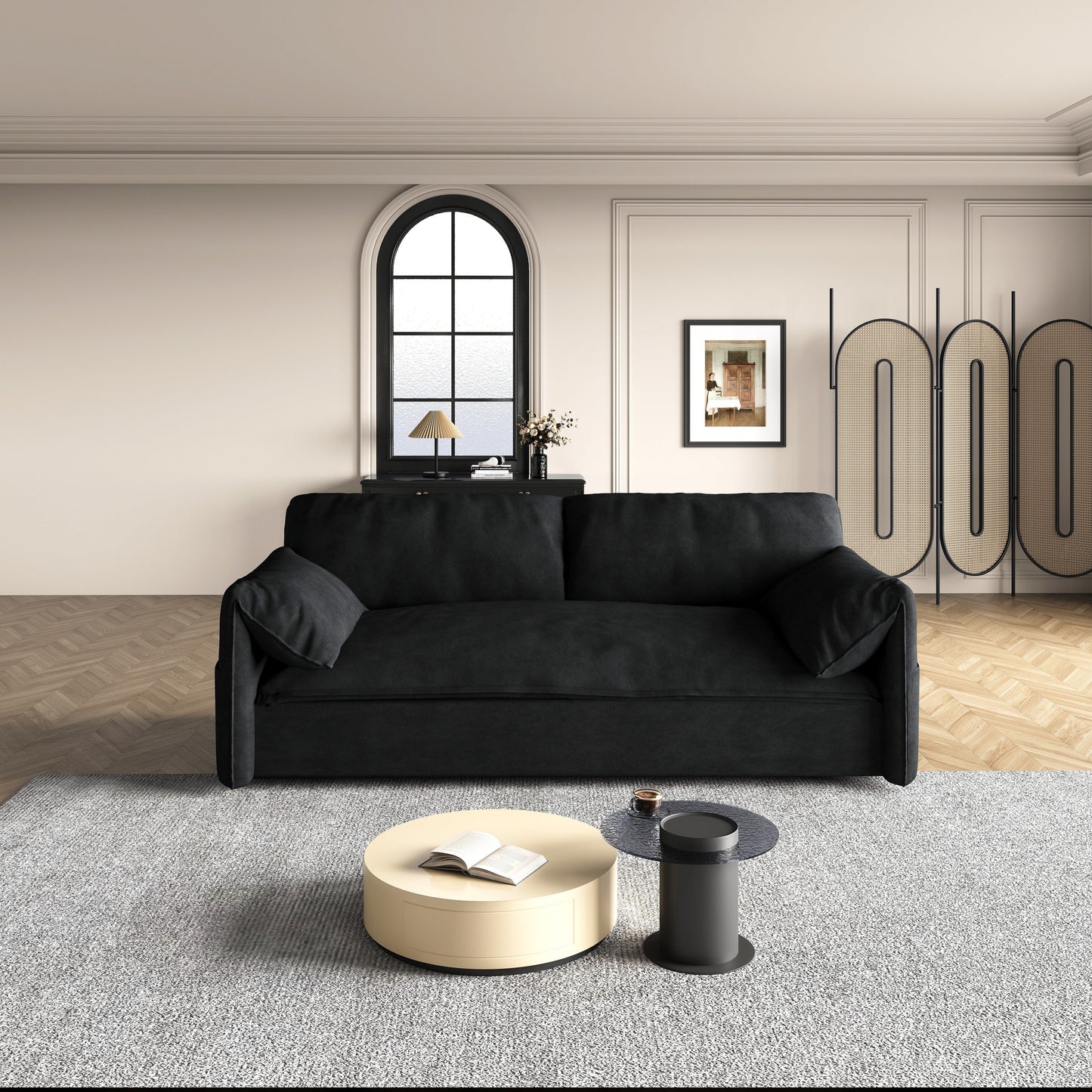 Canapé-lit convertible 3-en-1 en velours noir de 63,8 pouces avec rangement latéral pour le salon.