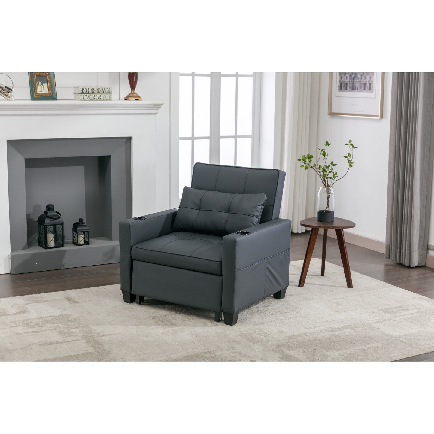 Canapé-lit convertible en simili cuir noir avec ports USB