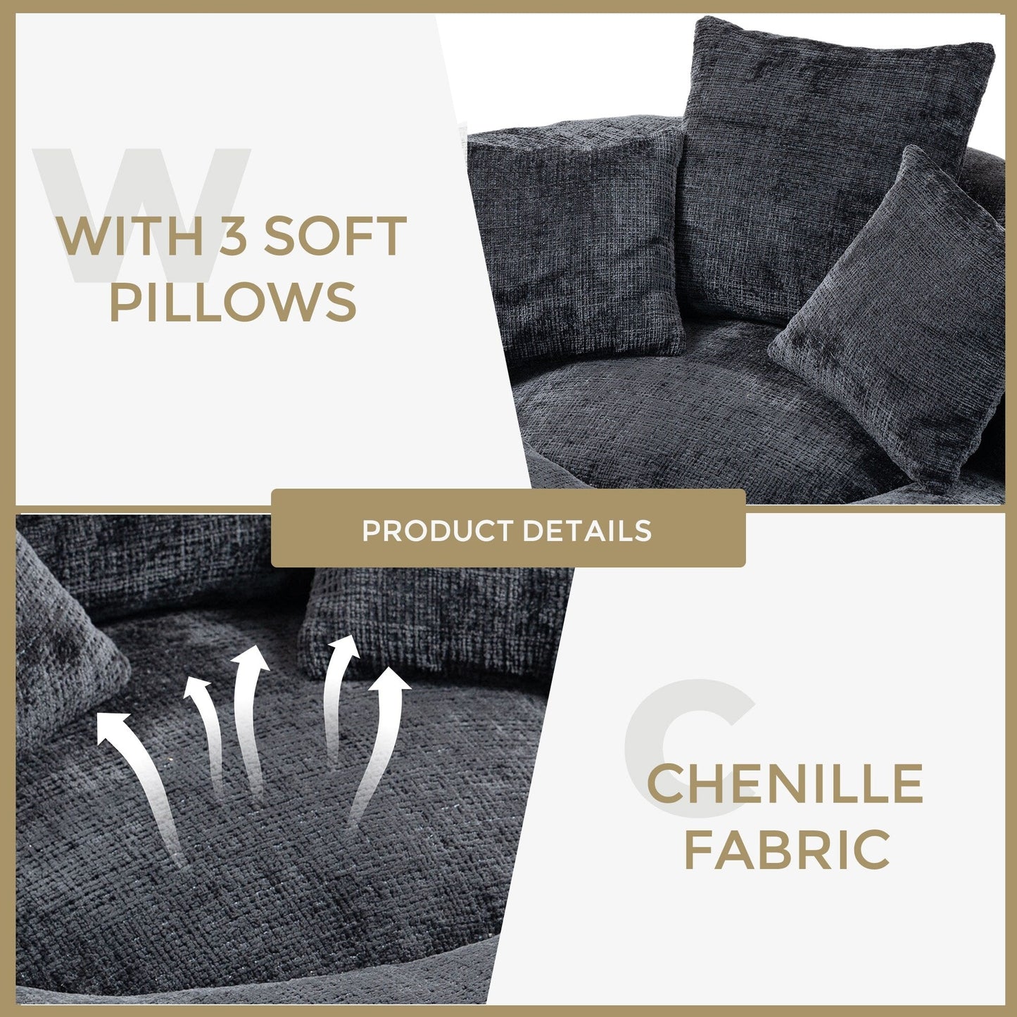 Canapé pouf géant noir en chenille 42.52, pour chambre à coucher, avec trois coussins.