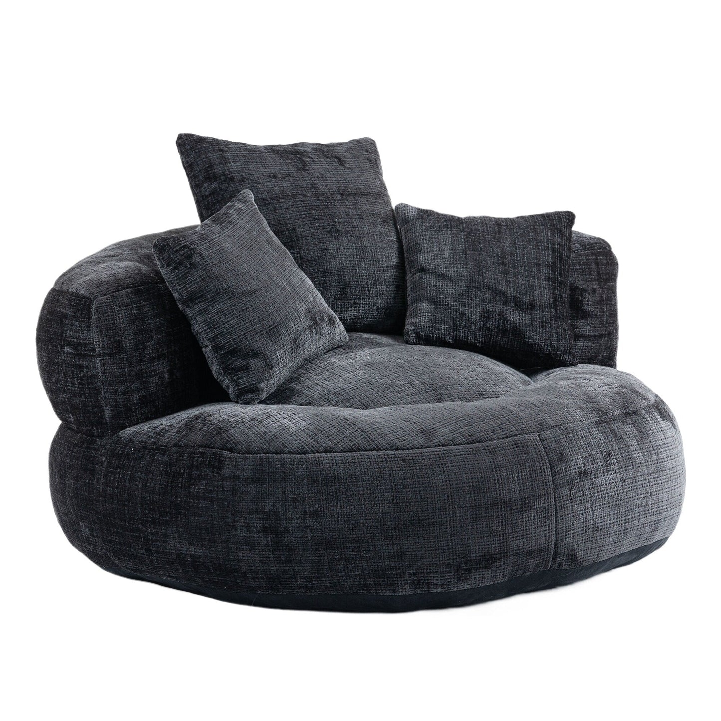 Canapé pouf géant noir en chenille 42.52, pour chambre à coucher, avec trois coussins.