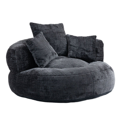 Canapé pouf géant noir en chenille 42.52, pour chambre à coucher, avec trois coussins.