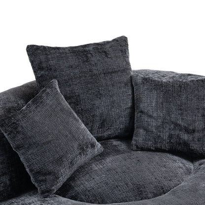 Canapé pouf géant noir en chenille 42.52, pour chambre à coucher, avec trois coussins.