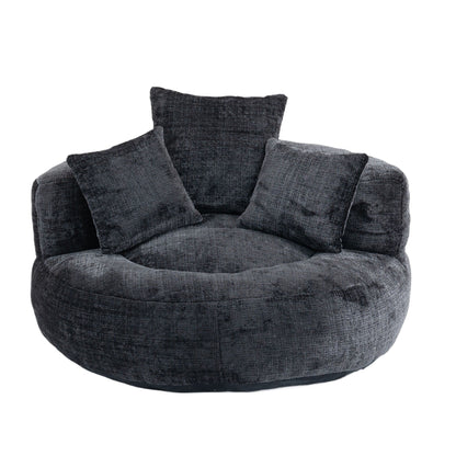 Canapé pouf géant noir en chenille 42.52, pour chambre à coucher, avec trois coussins.