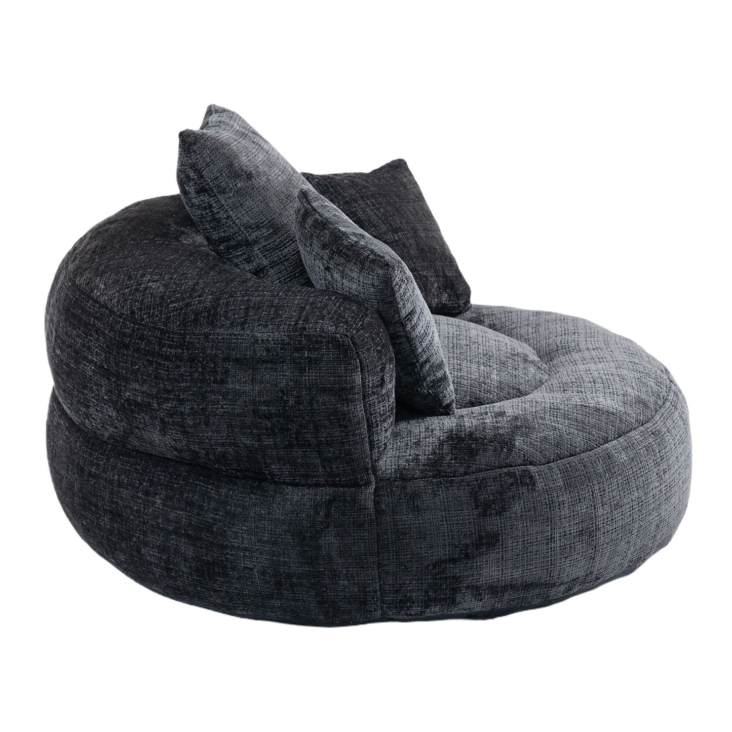 Canapé pouf géant noir en chenille 42.52, pour chambre à coucher, avec trois coussins.