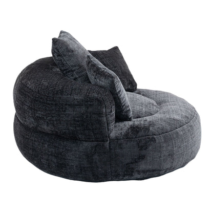 Canapé pouf géant noir en chenille 42.52, pour chambre à coucher, avec trois coussins.