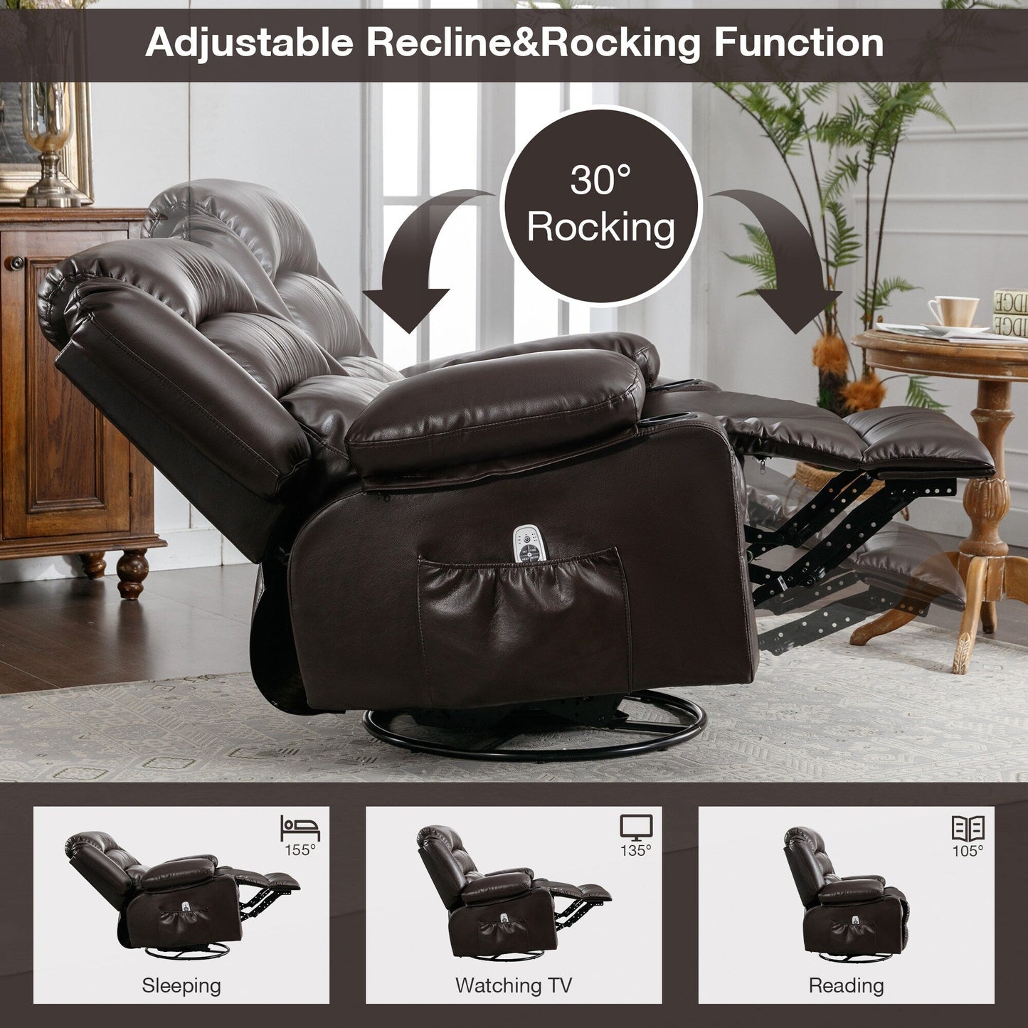Fauteuil inclinable pivotant noir avec fonction de massage, chauffage et ports USB
