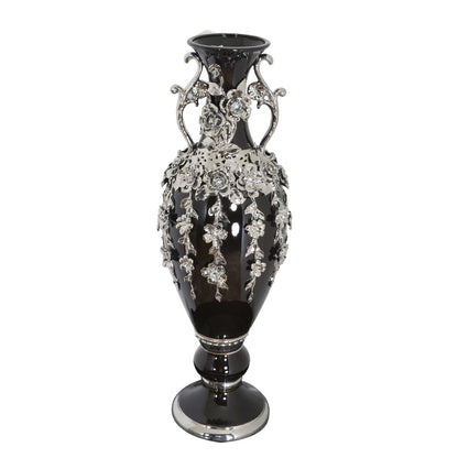 Vase magnifique de 89 cm de haut, orné de fleurs et de strass argentés et noirs.