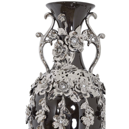 Vase magnifique de 89 cm de haut, orné de fleurs et de strass argentés et noirs.