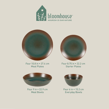 Service de table Bloomhouse Palermo Sun, 16 pièces, assiettes et bols en grès double paroi, émail réactif.