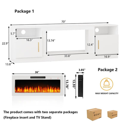 Meuble TV avec foyer électrique Bossin 70, foyer électrique de 36 pouces, meuble TV pour téléviseurs jusqu'à 80 pouces, éclairage LED à 16 couleurs/centre de divertissement