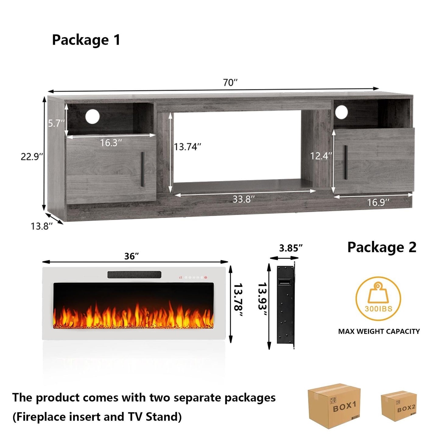 Meuble TV avec foyer électrique Bossin 70, foyer électrique de 36 pouces, meuble TV pour téléviseurs jusqu'à 80 pouces, éclairage LED à 16 couleurs/centre de divertissement