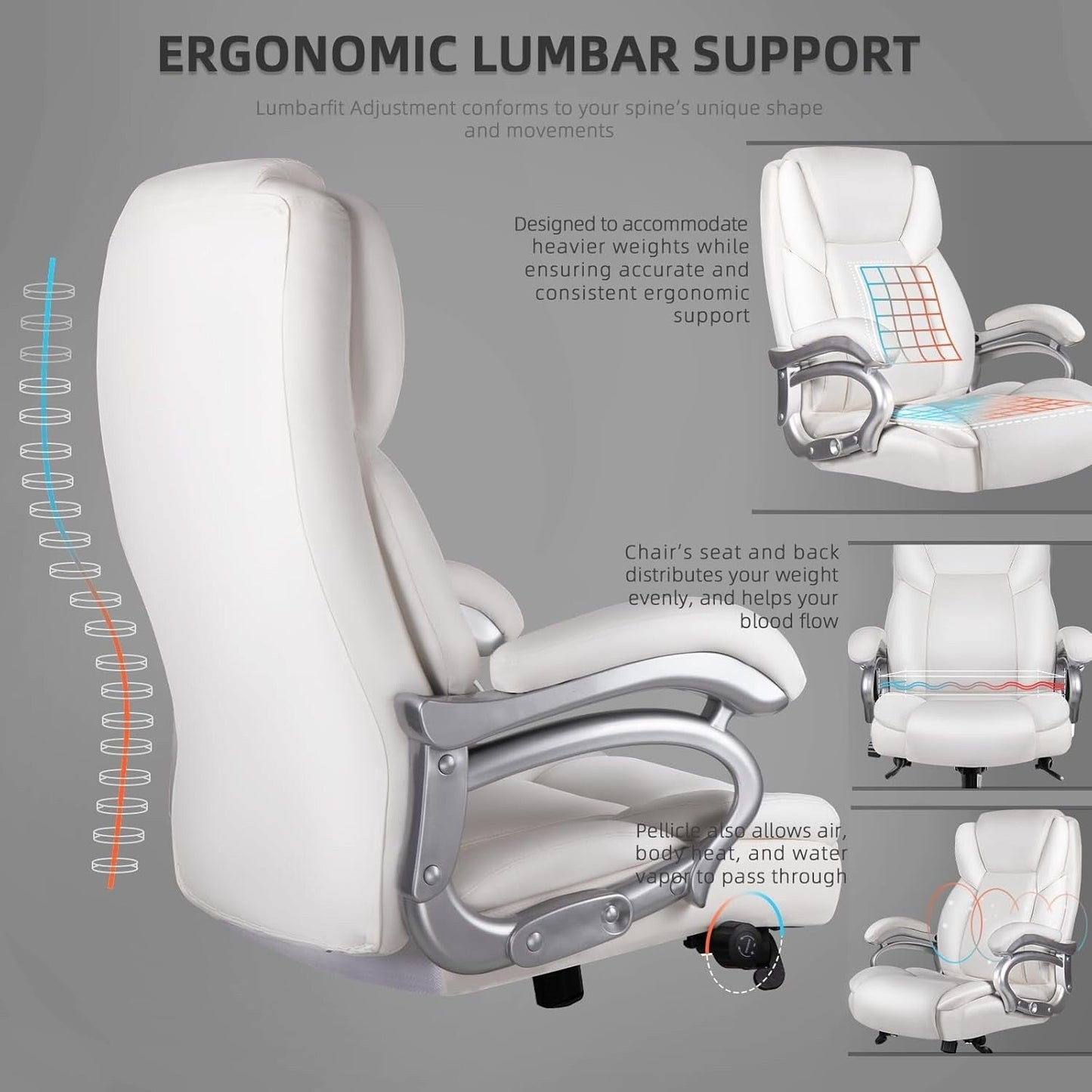 Chaise de bureau executive Bossin pour personnes de grande taille et fortes corpulent, support lombaire réglable, 500 lbs, chaise ergonomique à dossier haut en cuir PU pour ordinateur.
