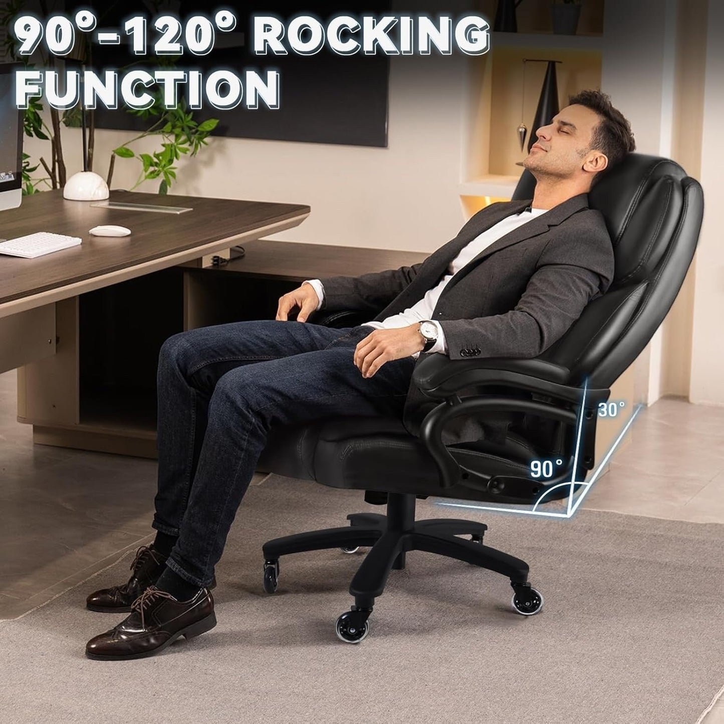 Chaise de bureau executive Bossin pour personnes de grande taille et fortes corpulent, support lombaire réglable, 500 lbs, chaise ergonomique à dossier haut en cuir PU pour ordinateur.