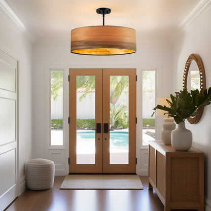 Breaux Lustre à tambour en placage de bois avec 4 lumières et auvent noir - 56 cm de largeur