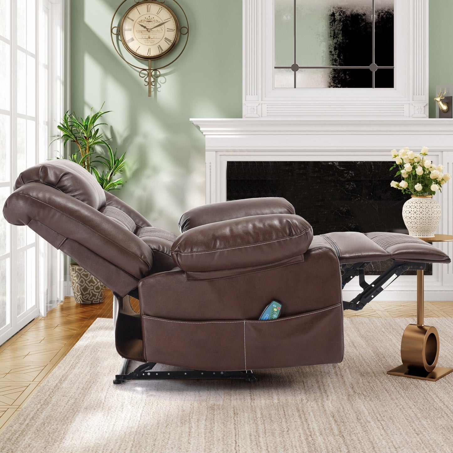 Fauteuil inclinable manuel marron avec massage à 8 points, fonction chauffante et structure robuste pour un confort optimal dans le salon.