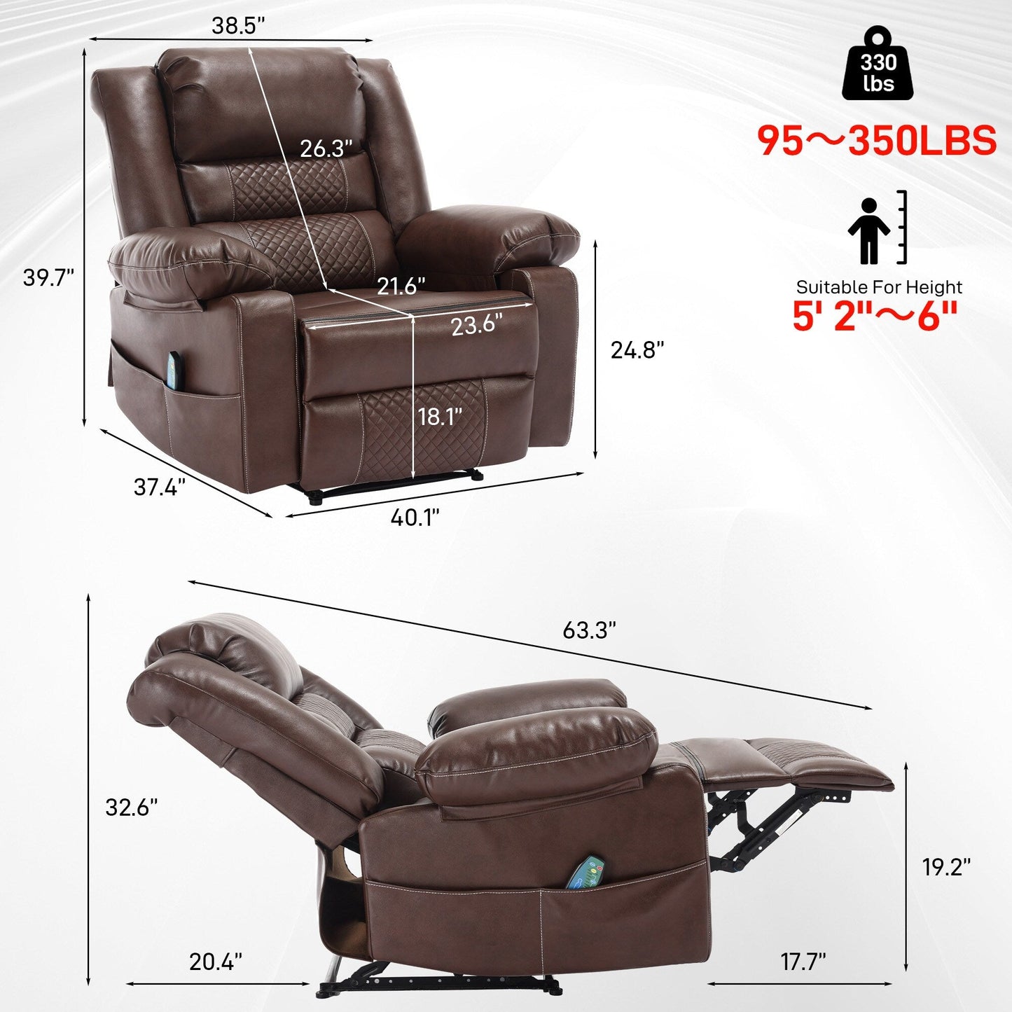 Fauteuil inclinable manuel marron avec massage à 8 points, fonction chauffante et structure robuste pour un confort optimal dans le salon.