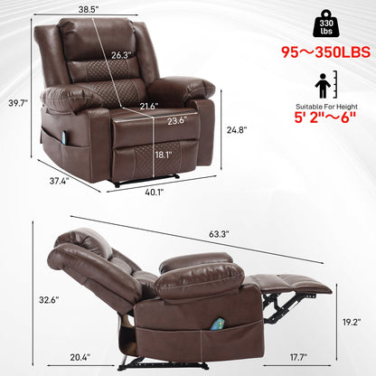 Fauteuil inclinable manuel marron avec massage à 8 points, fonction chauffante et structure robuste pour un confort optimal dans le salon.