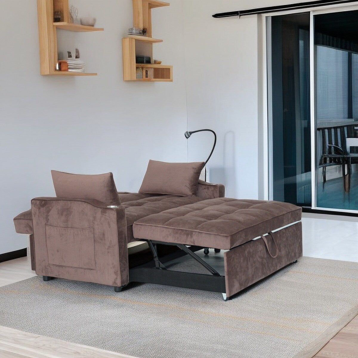 Canapé-lit convertible moderne marron 54.33 pouces avec dossier inclinable et porte-téléphone.