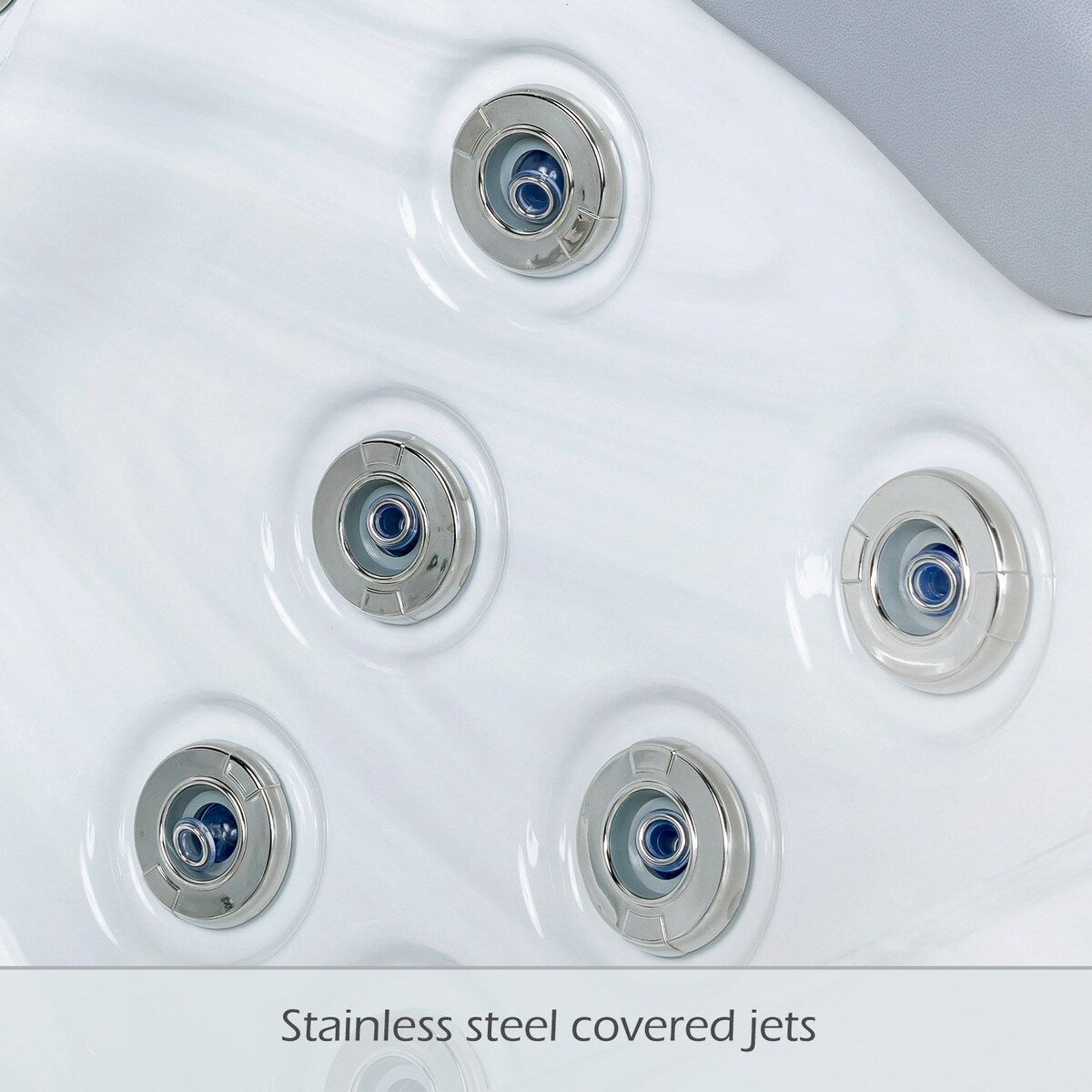 Bain à remous Buenospa Jersey 6 places, 46 jets, blanc glace, gris avec ozone et lumières LED.