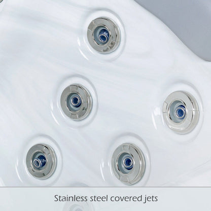 Bain à remous Buenospa Jersey 6 places, 46 jets, blanc glace, gris avec ozone et lumières LED.