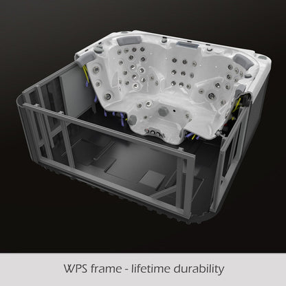 Bain à remous Buenospa Jersey 6 places, 46 jets, blanc glace, gris avec ozone et lumières LED.