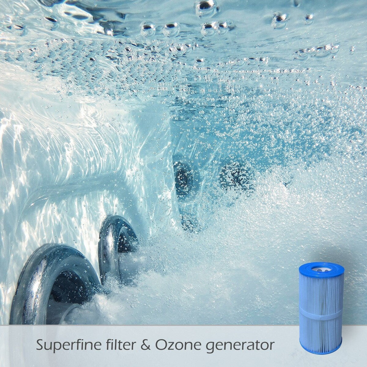 Bain à remous Buenospa Jersey 6 places, 46 jets, blanc glace, gris avec ozone et lumières LED.