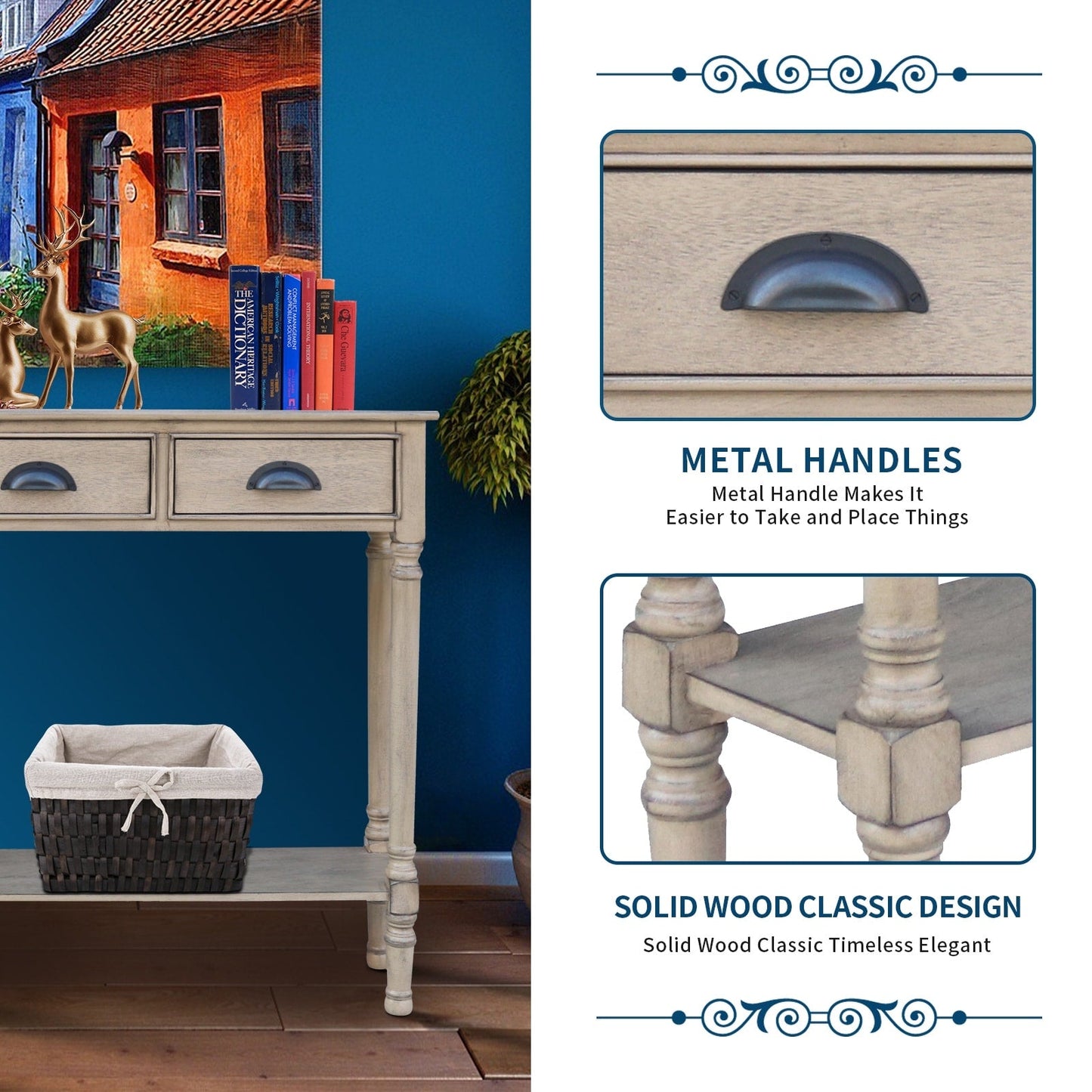 Table de console de couloir en bois Burlington à 3 tiroirs